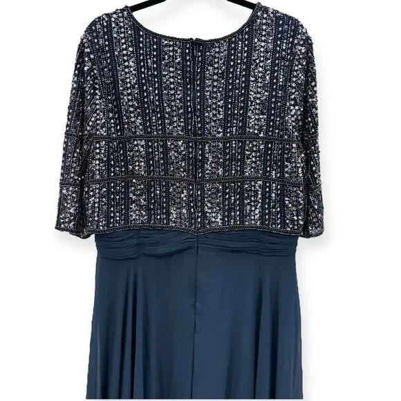 Mac Duggal NEW Chiffon Gown w/ Fully Beaded 3/4 Sleeve Top Navy $598 - Size 18 - Picture 11 of 13